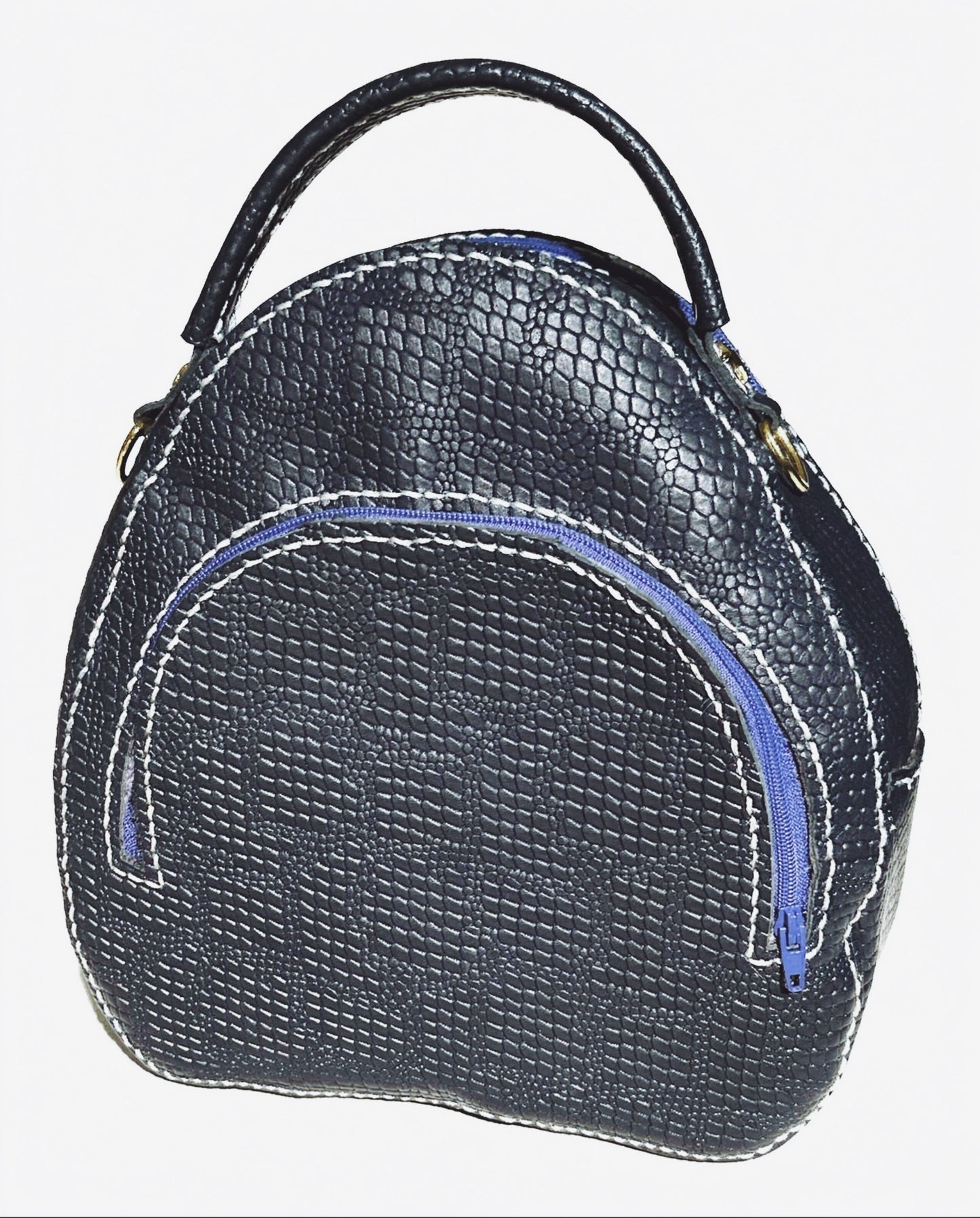 Navy snakeskin embossed leather bag.