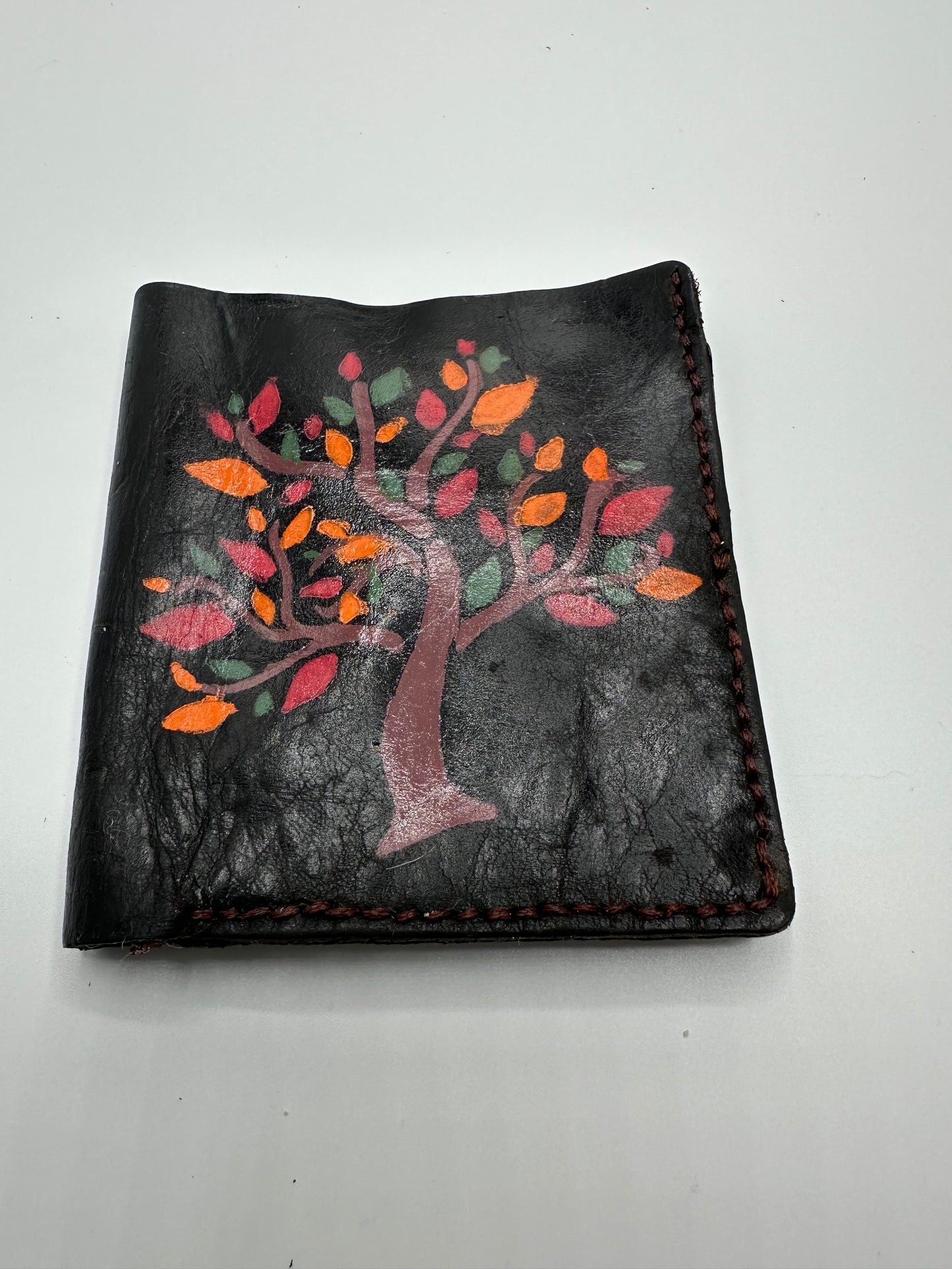 Hand painted leather wallet Fall Tree
