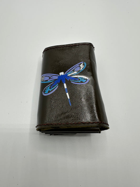 Hand painted leather wallet dragonfly