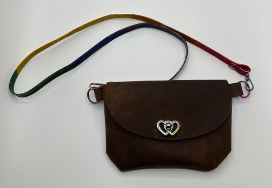 Full grain brown leather purse with rainbow accents